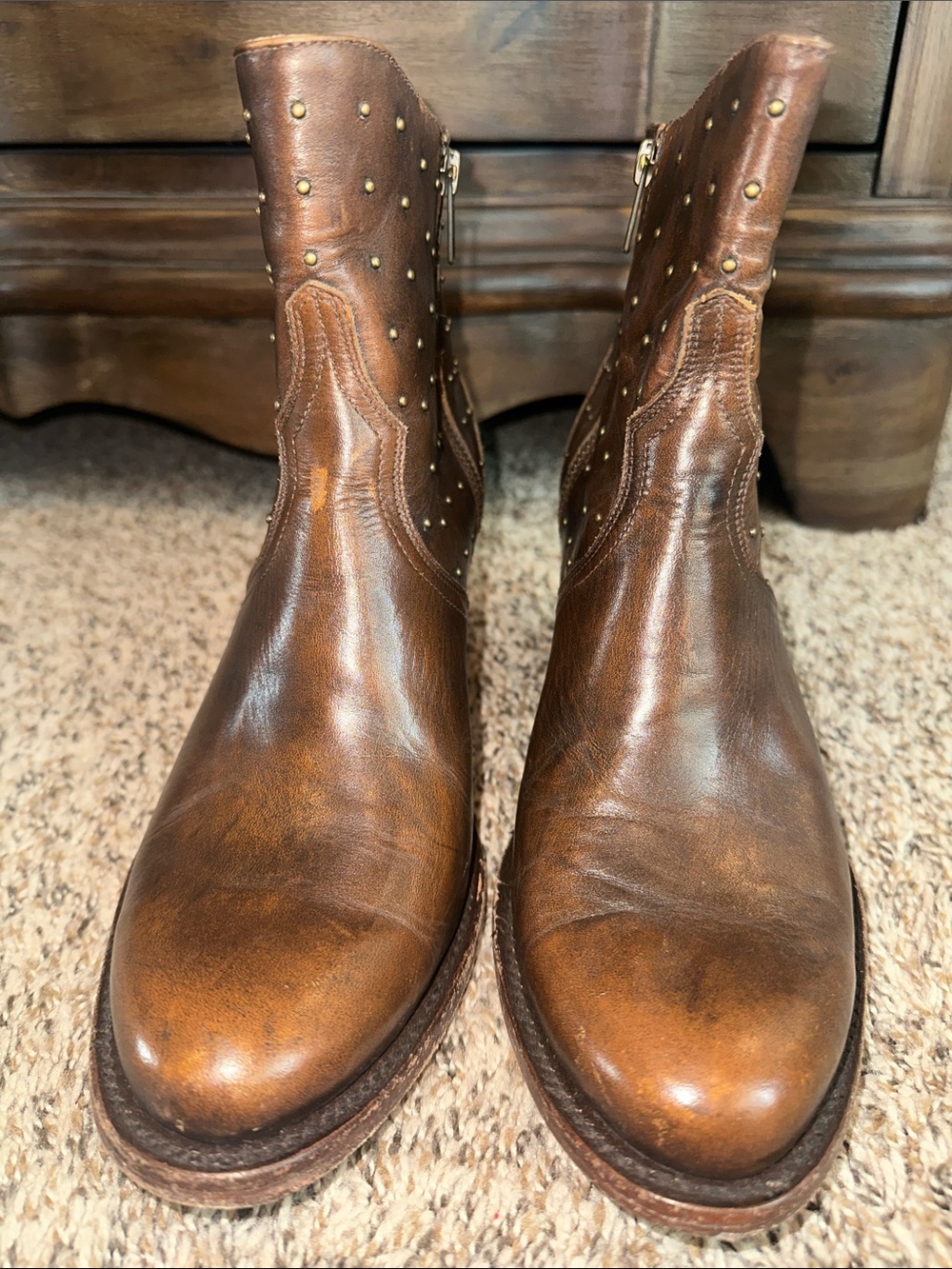Lucchese Brown Studded Leather Western Ankle Booties - Picture 16 of 16